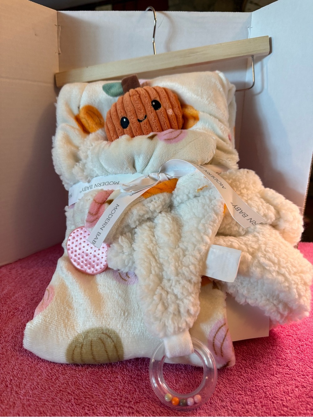 Modern Baby Cream Pumpkin Plush Lovey Bib with Teether
